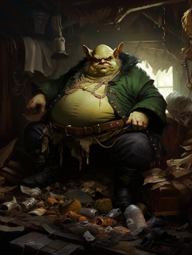 a dungeons and dragons charcter art of a fat ugly goblin boss sitting in his crime den, short, big belly, green skin, gold tooth, leather cap with feather, torn noble clothing, small time thief, enemy character, surrounded by stolen goods --ar 3:4