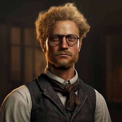 a dutch man in 1900 with afro blond hair with glasses, round face, age 38, white man, red dead redemption