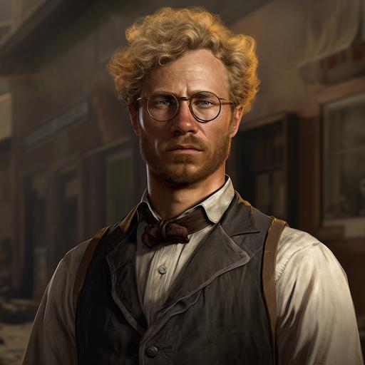 a dutch man in 1900 with afro blond hair with glasses, round face, age 38, white man, red dead redemption