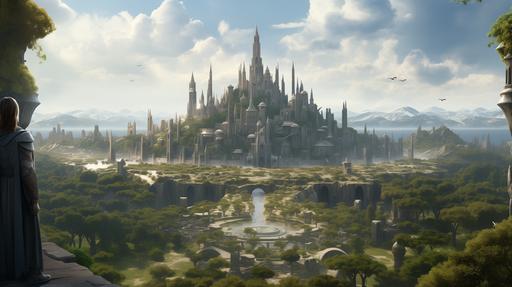 a dwarves city made of white stone::2 huge walls surrounding the city made with statues all close together::3 the statues are of woman and men wearing fantasy gear and weapons::3 surrounding the city there's an open country field with forest on the background::4 unreal 4k volumetric lightning --ar 16:9