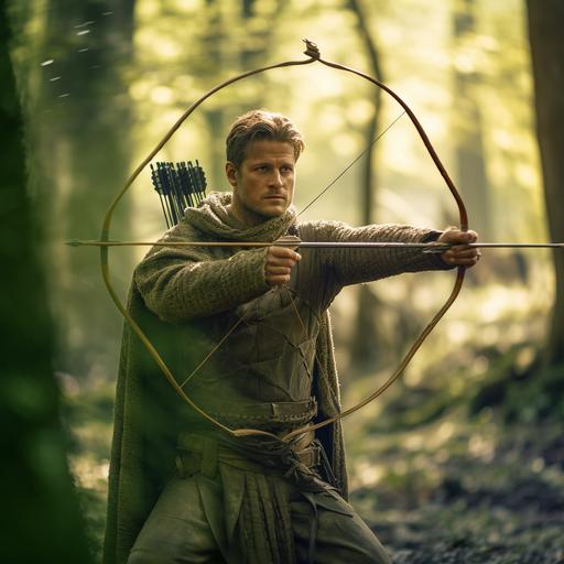 Capture a dynamic scene of an ace archer in the midst of releasing an arrow from his bow. Use a high-speed camera to freeze the action, showing the tension in the bowstring and the focus in the archer's eyes. The background should be a blurred forest, emphasizing the archer in the foreground.