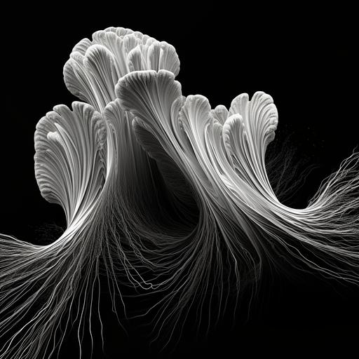 a dynamic white line drawing on black background of abstract barnacles and mussels growing over eachother. Growth lines on the mussels radiate outwards and are white. Cgi crisp lines made with white on black. The mussels and barnacles are growing vertically