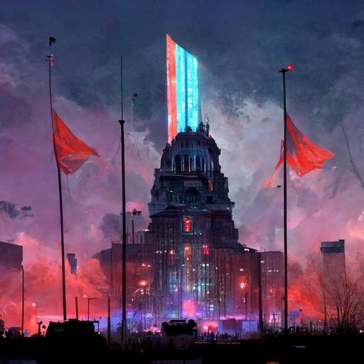 a dystopian looking science fiction palace in the middle of Baltimore City. Large flags flutter from giant flagpoles and massive statues of the dictator Melanie Bernard grace the wide open avenues guarded by massive guns and numerous soldiers. It is a cold and dark place