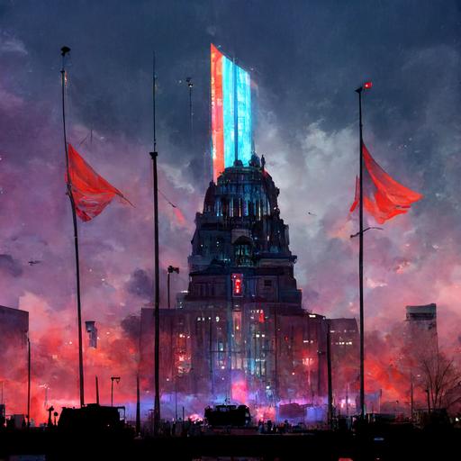 a dystopian looking science fiction palace in the middle of Baltimore City. Large flags flutter from giant flagpoles and massive statues of the dictator Melanie Bernard grace the wide open avenues guarded by massive guns and numerous soldiers. It is a cold and dark place