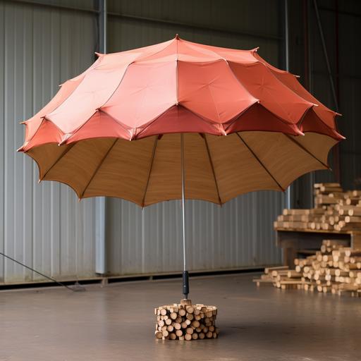 a e meter high mushroom shaped umbrella made from wooden hexagon frames