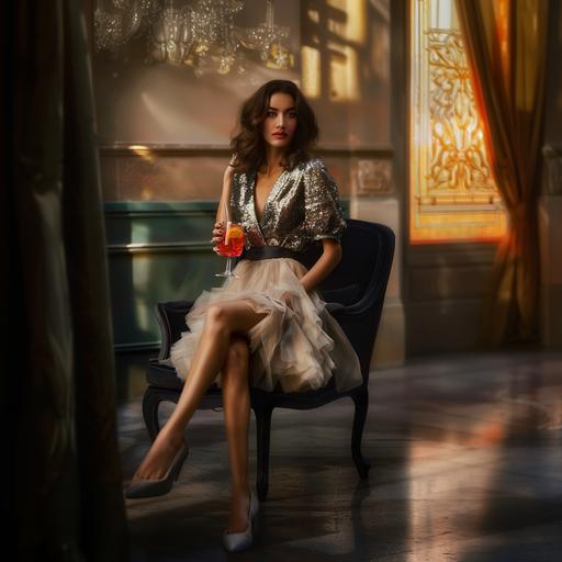 a elegant woman sitting in an armchair with her legs crossed holding a cocktail . full body. Fashion Campaing