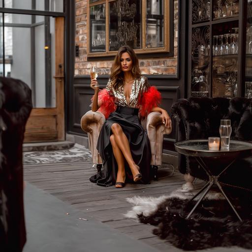 a elegant woman sitting in an armchair with her legs crossed holding a cocktail . full body. Fashion Campaing --v 6.0