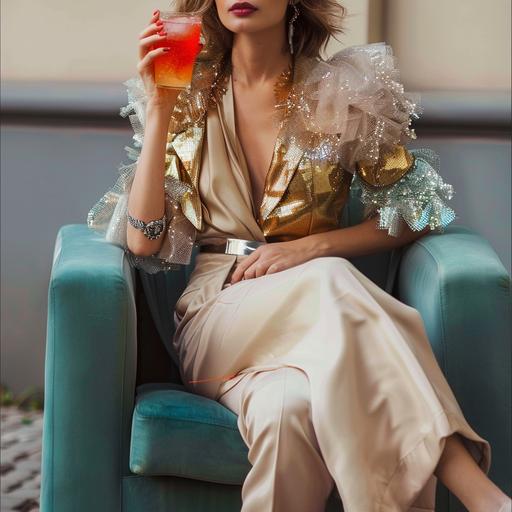 a elegant woman sitting in an armchair with her legs crossed holding a cocktail . full body. Fashion Campaing --v 6.0