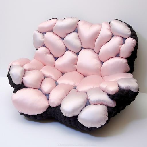 a enflated soft seat, textured fabric, nylon and shiny reflective materials, puffy looking, butterfly shapes on top, light pink, pastel colors, rounded and puffer