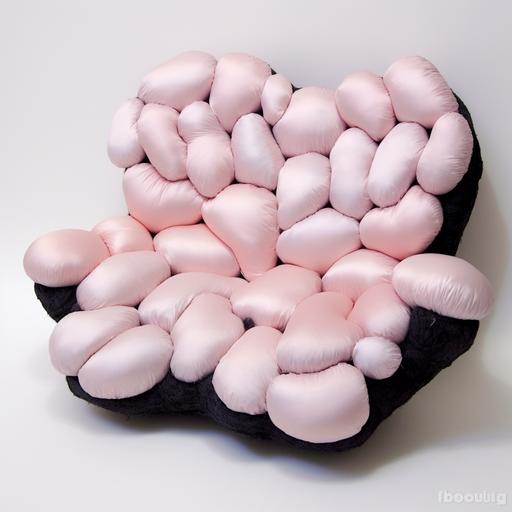 a enflated soft seat, textured fabric, nylon and shiny reflective materials, puffy looking, butterfly shapes on top, light pink, pastel colors, rounded and puffer
