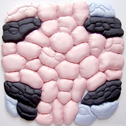 a enflated textured fabric swatch, nylon and shiny reflective materials, puffy looking, butterfly shapes on top, light pink, pastel colors, rounded and puffer