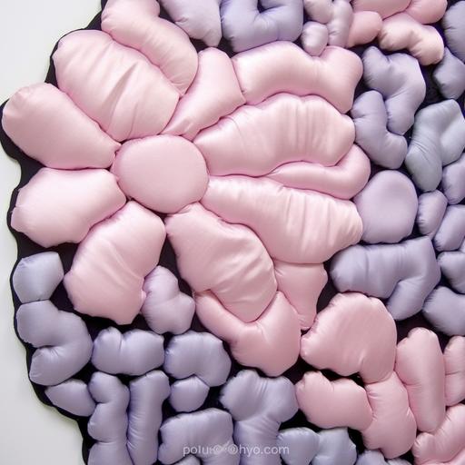 a enflated textured fabric swatch, nylon and shiny reflective materials, puffy looking, butterfly shapes on top, light pink, pastel colors, rounded and puffer