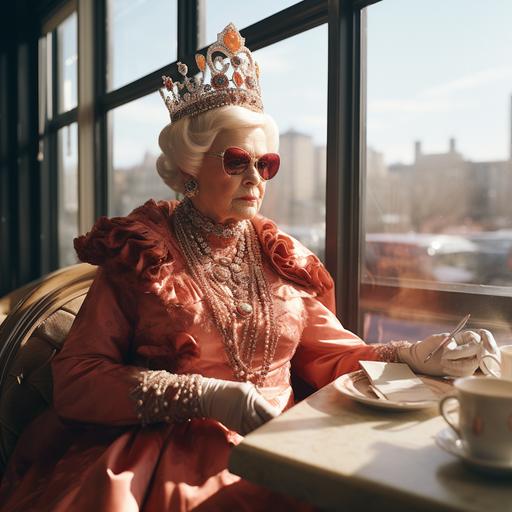 a ery old lady dressed as a victorian queen is eating in a modern restaurant, big windows, white wall, very bright, futuristic style, she is happy, dress is mainly red, style of Wes Anderson --s 250 --style raw