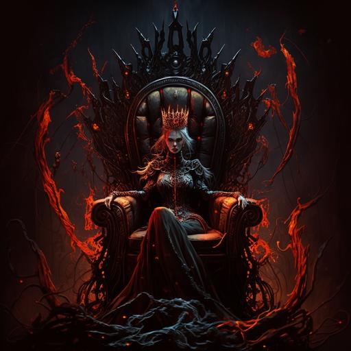 --q 2 a evil queen with crown on her head is sitting on a throne,behind her throne is lava,highly detailed,scary and horror,dark,--v 4,--ar 16:9