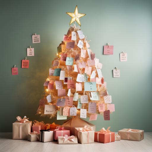 a fabulous Christmas tree decorated with stickers with children's wishes written on them, light background with pastel shades --ar 1:1