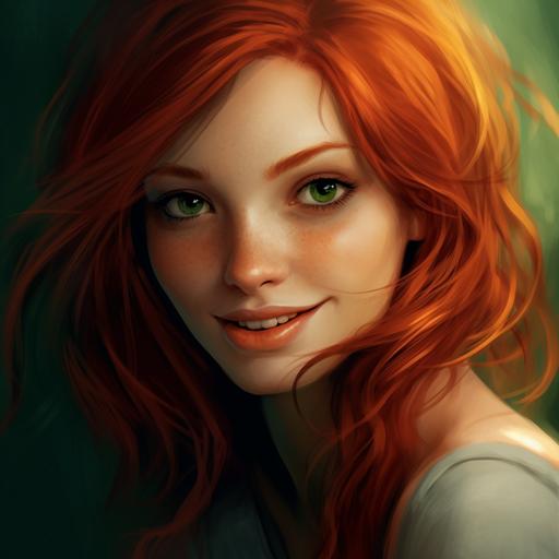 a face image of a sexy girl red hair and green eyes that is a with a sexy smile