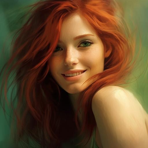 a face image of a sexy girl red hair and green eyes that is a with a sexy smile