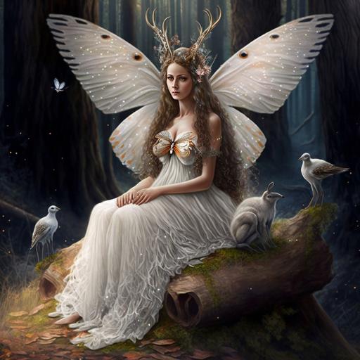 a fairy beauty with large white wings in a white sparkly embellished dress. Sitting on a wooden stump. Background of a magical forest with large mushrooms and roe deer ar--3:4