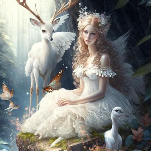 a fairy beauty with large white wings in a white sparkly embellished dress. Sitting on a wooden stump. Background of a magical forest with large mushrooms and roe deer ar--3:4