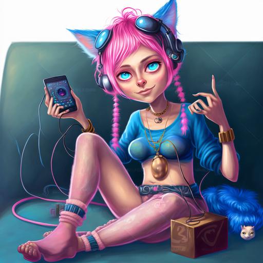 a fairy radio dj host, pink and blue hair, big eyes, full body, cartoon character, pixar style, detailed, golden chains, black cat on her lap --q 2 --v 4