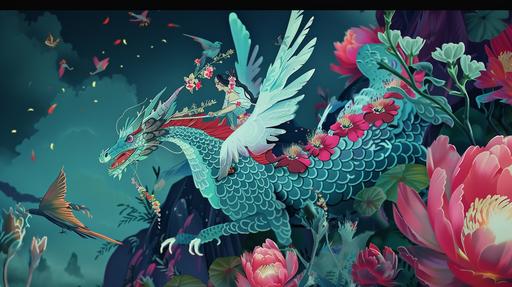 a fairy riding a loong dragon and birds with flowers, in the style of neo-pop iconography, bright colors, bold shapes, animated gifs, nicole eisenman, elaborate costumes, mischievous feline motif, dark pink and light blue --ar 16:9 --v 6.0