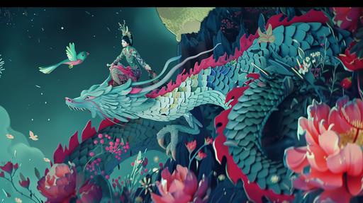 a fairy riding a loong dragon and birds with flowers, in the style of neo-pop iconography, bright colors, bold shapes, animated gifs, nicole eisenman, elaborate costumes, mischievous feline motif, dark pink and light blue --ar 16:9 --v 6.0