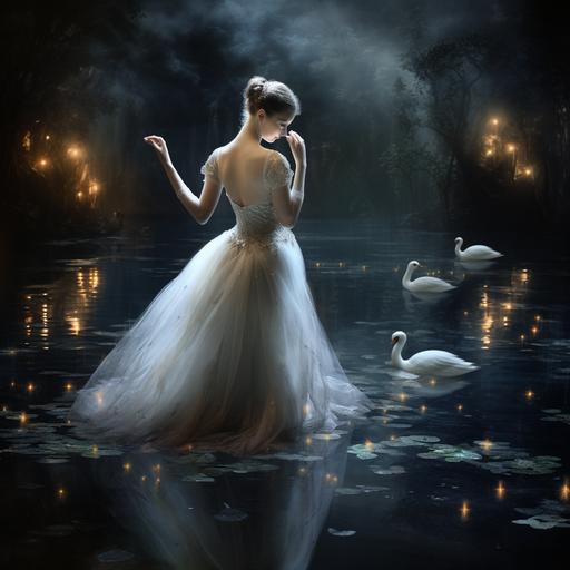 a fairy tale realistic painting of swan lake at night with beautiful woman white skin long tulle white ballet tutu looking back at camera with her hair in bun, by the water at night, silver moon and stars, swans nearby, expression piercing, in the style of the pre-raphaelites millais, volumetric lighting, mysterious and dark, highly detailed