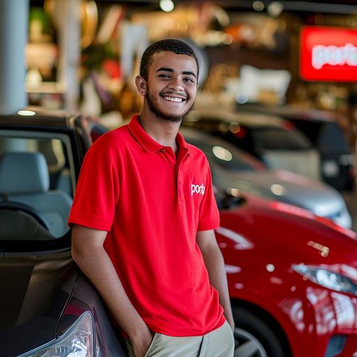 a family car infront of a furniture store, a young smiling employee in a red 