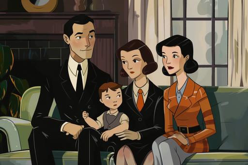 a family in art deco clothing in the style of charles addams --ar 3:2 --v 6.0