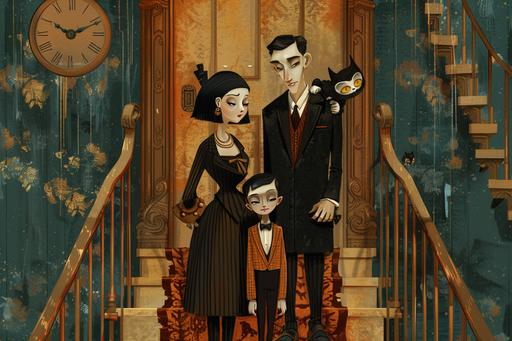 a family in art deco clothing in the style of charles addams --ar 3:2 --v 6.0
