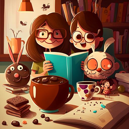 a family of chocolate easter cartoon caracter having breakfast and reading books, lots of coffee mugs and books, sense of happyness, realictic picture, motion, lively, vivid colors, full of sunshine, cartoon style, easter happyness, woman
