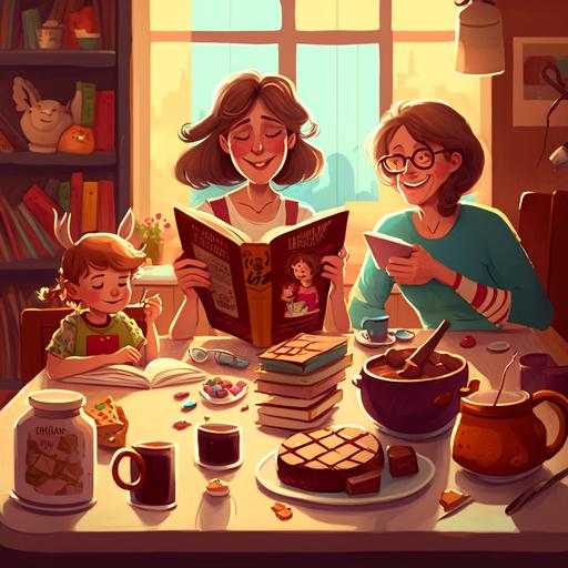 a family of chocolate easter cartoon caracter having breakfast and reading books, lots of coffee mugs and books, sense of happyness, realictic picture, motion, lively, vivid colors, full of sunshine, cartoon style, easter happyness, woman