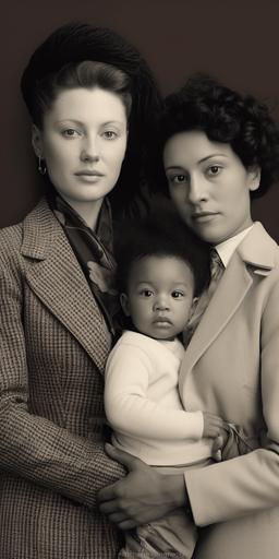 a family portrait photo of an interracial lesbian married couple and their enby child, in the style of Herbert List --ar 1:2 --v 5.1
