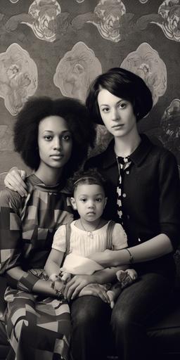 a family portrait photo of an interracial lesbian married couple and their trans daughter, in the style of Herbert List --ar 1:2 --v 5.1