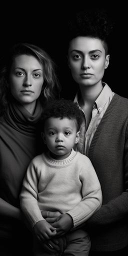 a family portrait photo of an interracial lesbian married couple and their trans son, in the style of Herbert List --ar 1:2 --v 5.1