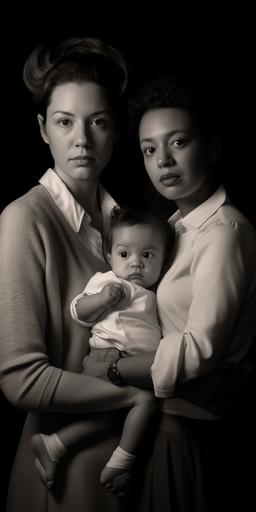 a family portrait photo of an interracial lesbian married couple and their enby child, in the style of Herbert List --ar 1:2 --v 5.1