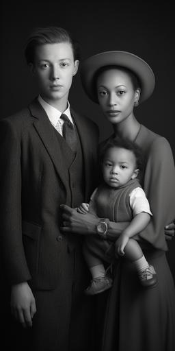 a family portrait photo of an interracial lesbian married couple and their trans son, in the style of Herbert List --ar 1:2 --v 5.1