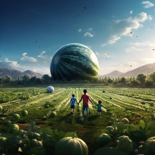 a family that plays soccer in a soccer field but instead of a ball, they are playing with a big watermelon, realistic, 8k