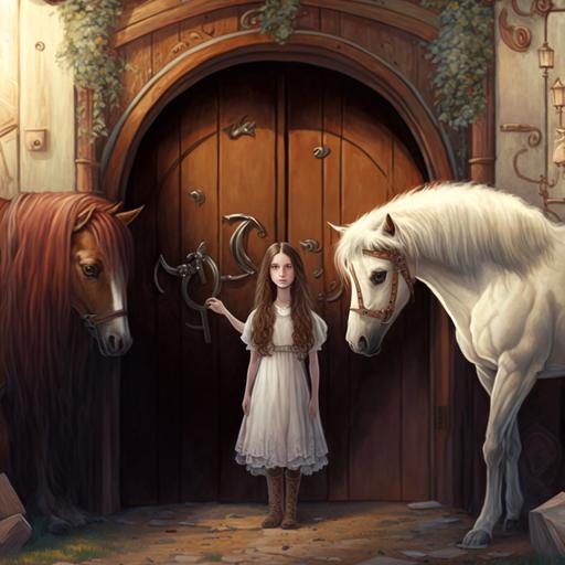 a fancy horse stable with fancy wooden doors and beautiful horses around and a tall thin girl with midlength brown hair holding a white little pony