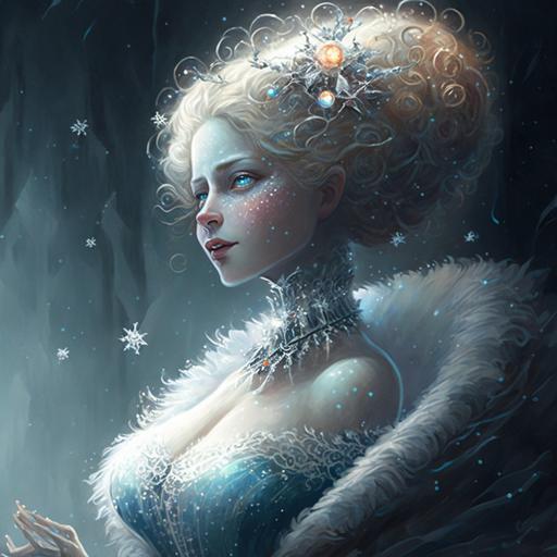 a fancy snowwoman wearing a rimfrost dress her hair is sparkling firestone and blizzard --v 4