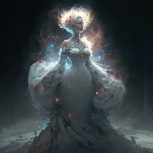 a fancy snowwoman wearing a rimfrost dress her hair is sparkling firestone and blizzard --v 4