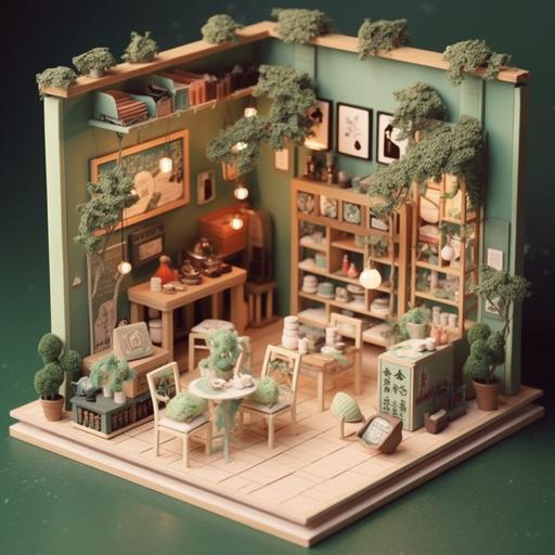 a fantastic tea shop layout with Alicetea logo,mint green color,Japanese style tea shop.
