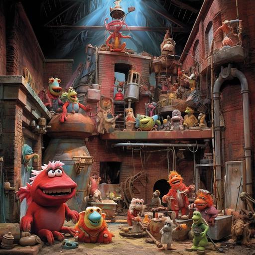 a fantastical factory that creates muppets, red brick walls, art by terry gilliam --s 750 --v 5.1