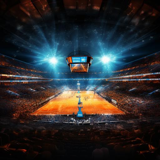 a fantasy basketball stadium at night with orange floor, a lot of audience with the flashlight, wide horizontal picture