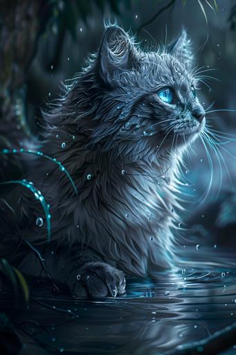 a fantasy cat depicted with a blue eye sitting, in the style of dragoncore, hyper-realistic water, stark naturalism, intricately sculpted, dark and intricate, i can't believe how beautiful this is, epic fantasy scenes --ar 85:128