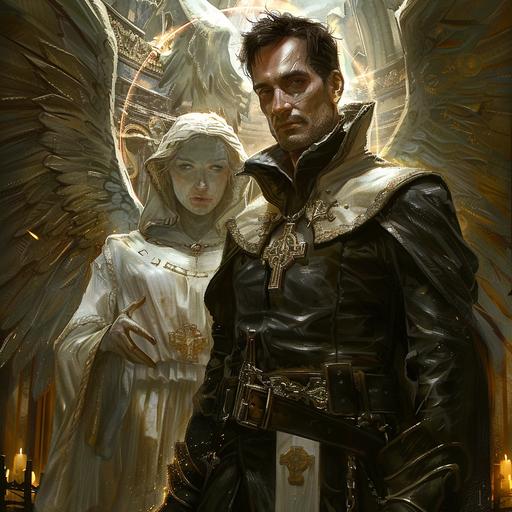 a fantasy clergyman with a silver metal angel with a light halo behind him