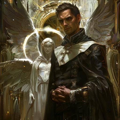 a fantasy clergyman with a silver metal angel with a light halo behind him