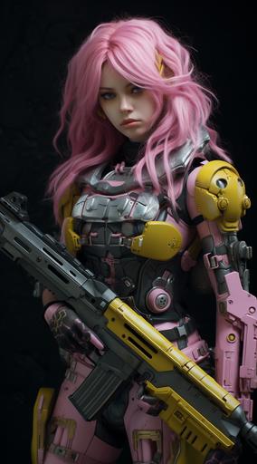 a fantasy female character with pink hair, holding a gun, in the style of hyperrealistic sculptures, dark gray and yellow, cyberpunk imagery, pink and green, rinpa school, oshare kei, mechanized precision --ar 71:128