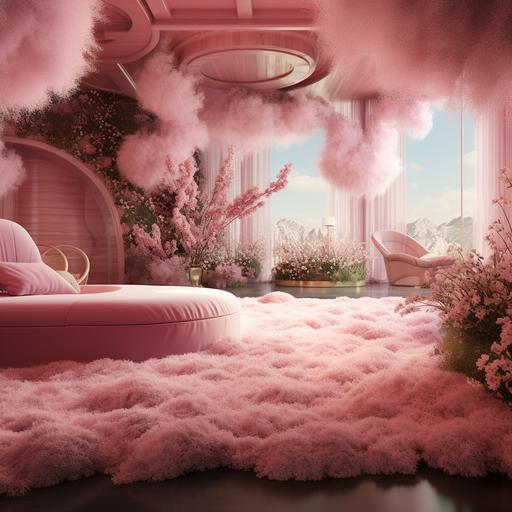 a fantasy hotel suite, pink fur on the walls, grass and flowers on the floor