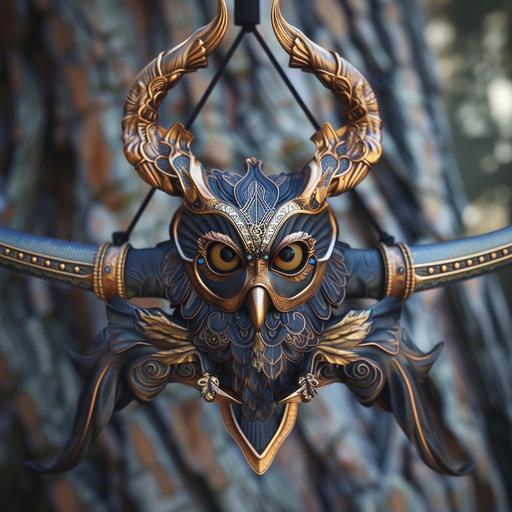 a fantasy magical bow designed to look like a horned owl, fantasy art style, magical weapon, owl-themed --v 6.0